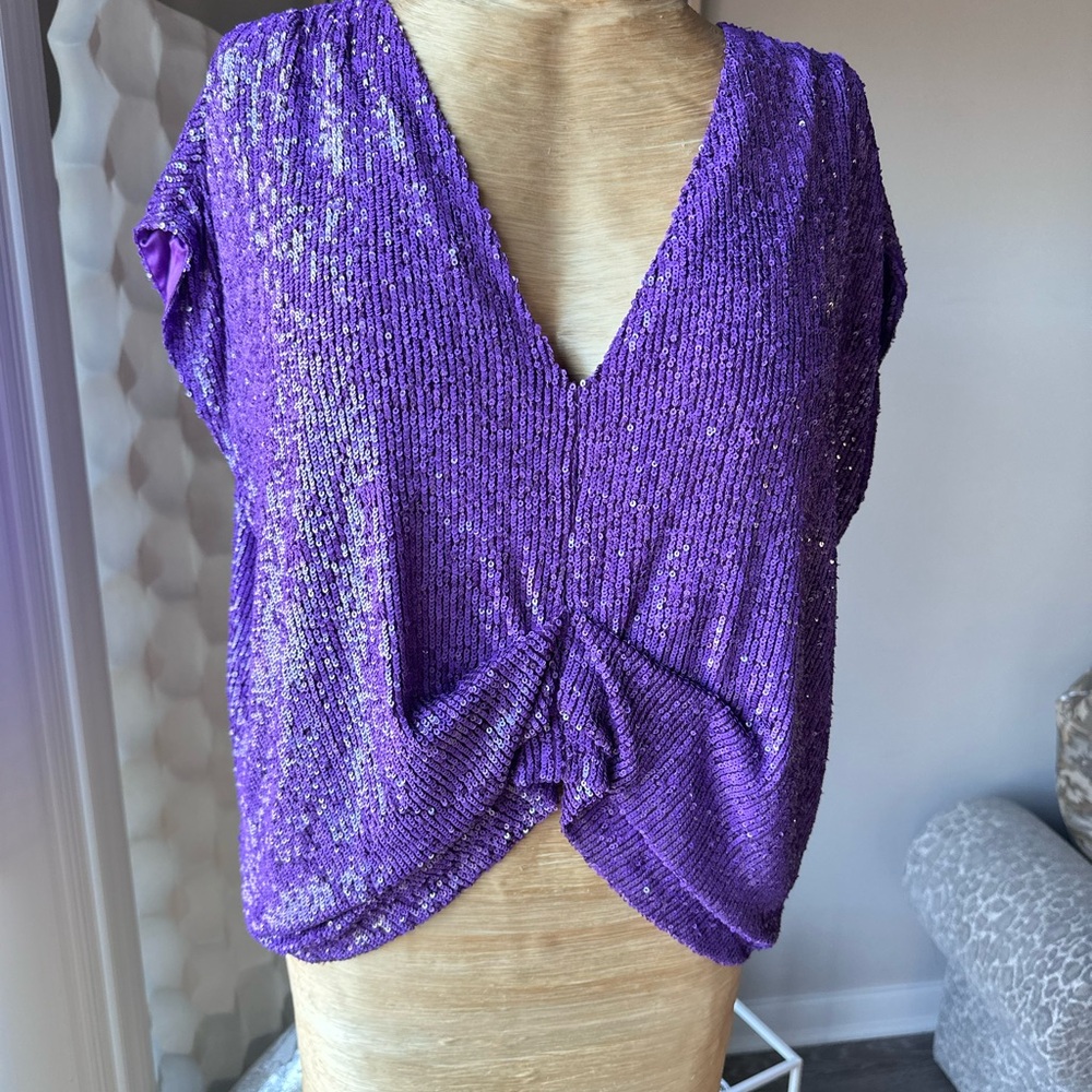 In The Mood For Love Womens Purple Sequin Sleeveless Blouse Top